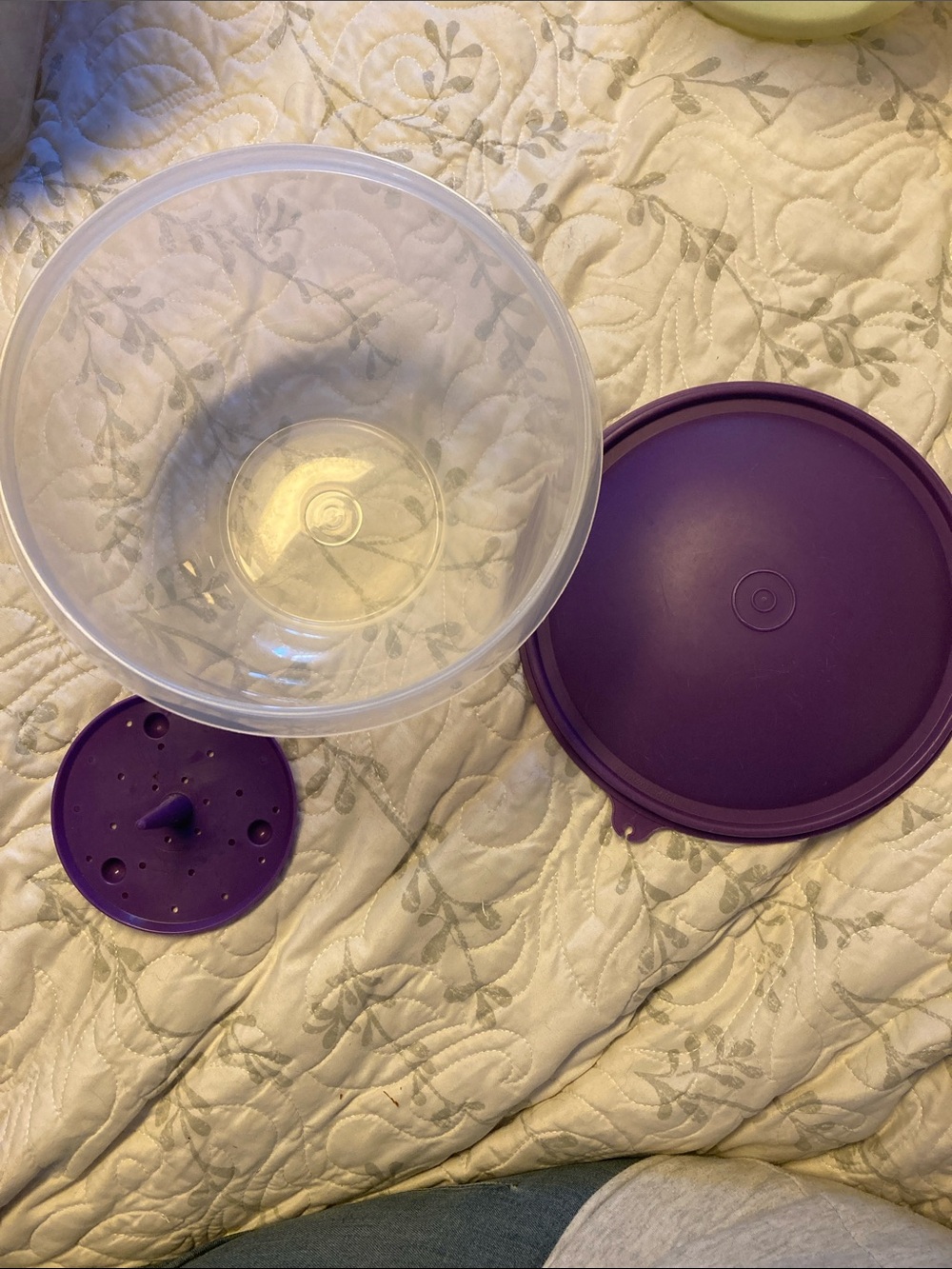 Tupperware Clear Bowl with Purple Lid and Steamer Insert